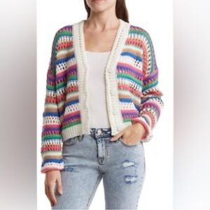Vigoss Women’s White multistripe crochet knit grandpa‎ cardigan sweater Size XL